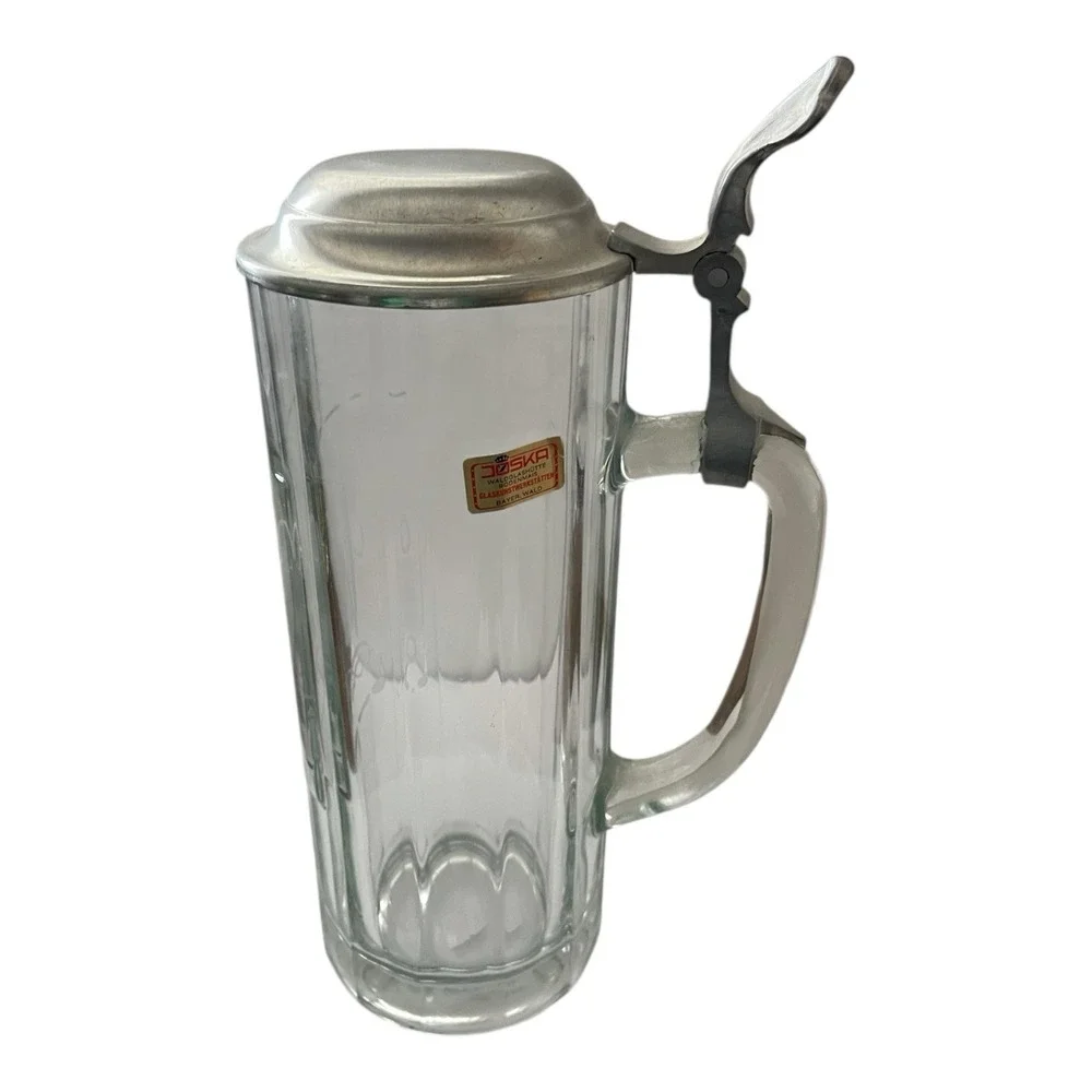 Joska Etched Clear Crystal W Beer Stein Pewter Lid  Vintage